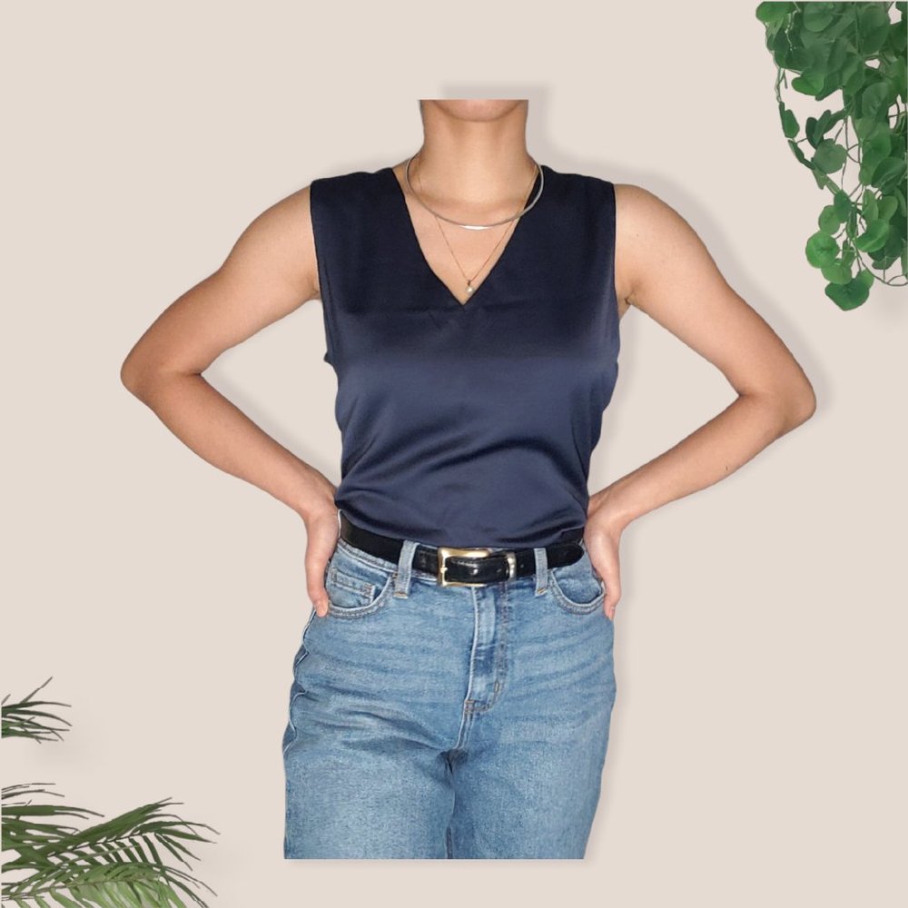 Elegant Midnight Blue Charmeuse Tank Top V Neck